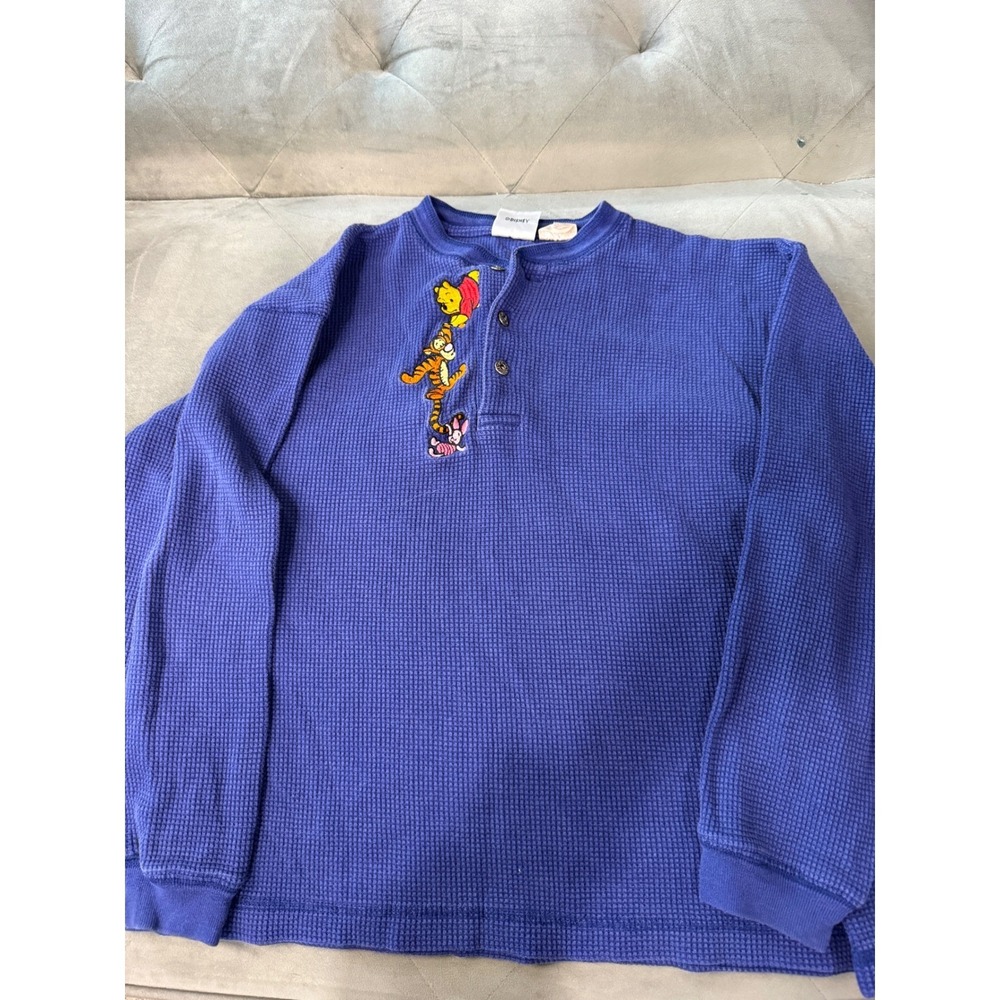 Vintage Disney Store Winnie the Pooh Tigger Henley Blue Waffle Knit Shirt Large